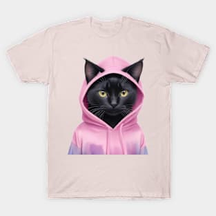 Black cat wearing pink hoodies T-Shirt